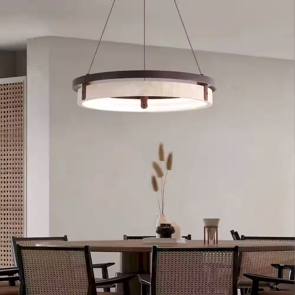 Travertine Inset Ring Chandelier with Walnut & Black Frame – LED
