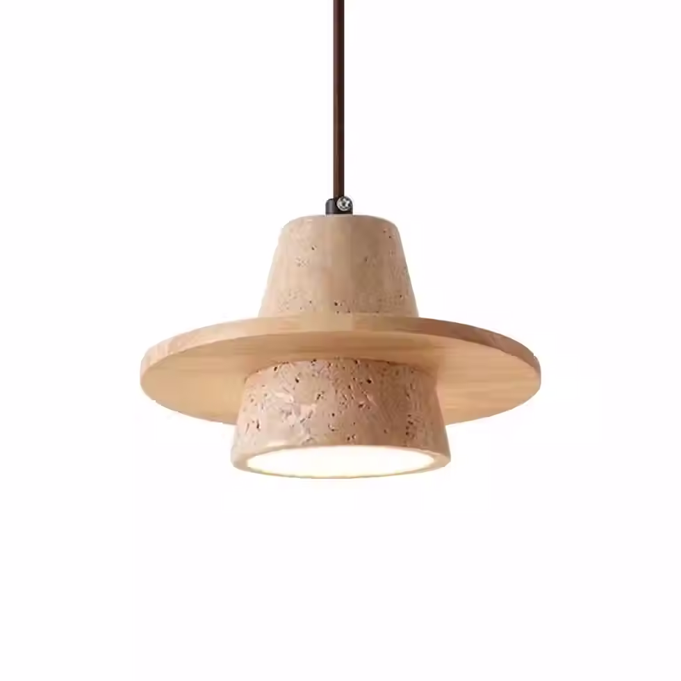Travertine Sombrero Pendant – Wood Brim Two-Tier Stone E27_1