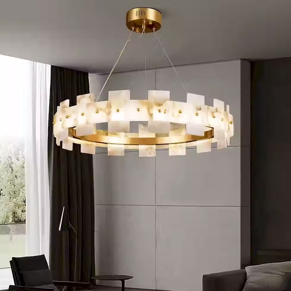 Thumbnail: Twin-Model Alabaster Drum Chandelier – E14 Brass Tall Cascade
