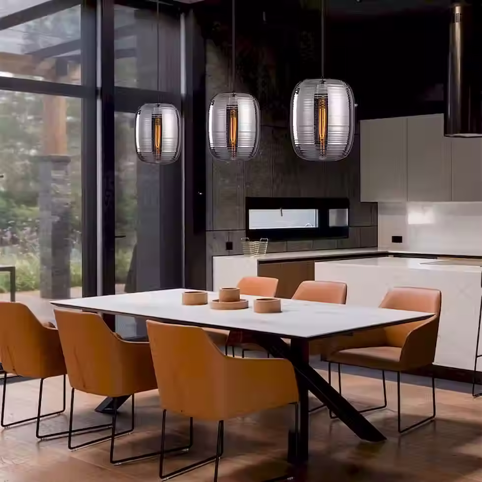 الصورة المصغرة: Ribbed Smoke Glass Lantern Pendant – Ø25xH30cm, Amber/Grey E27_12