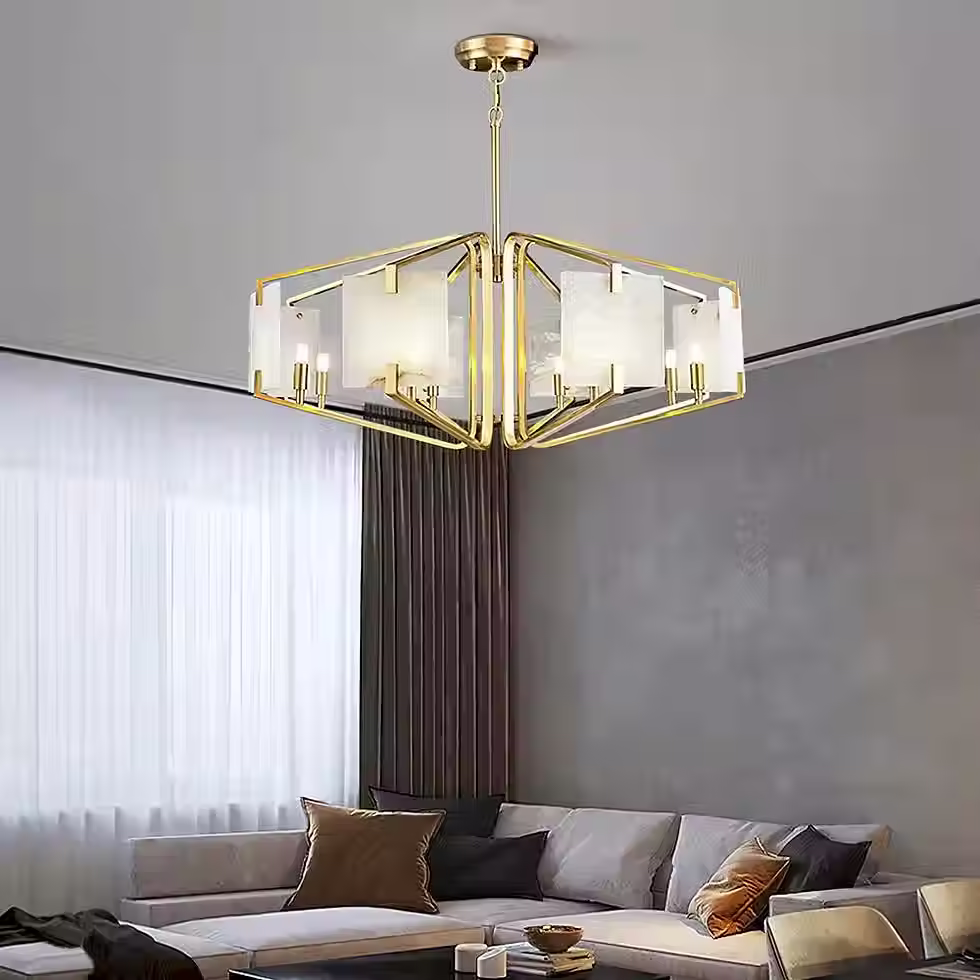 Alabaster Lantern Chandelier – Faceted Brass Cage Panel Candle Ring