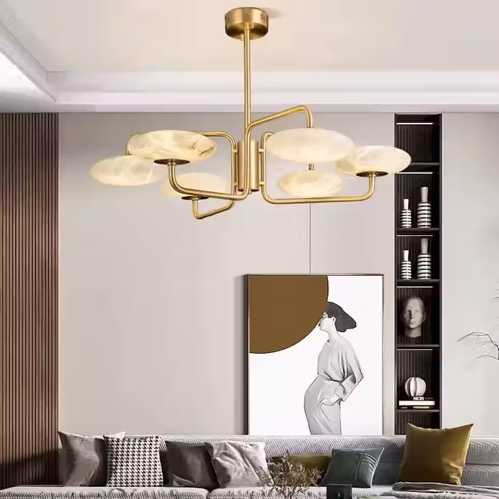 Alabaster Disc Chandelier – 6 Oval Plate Brass Arm LED Sputnik Halo