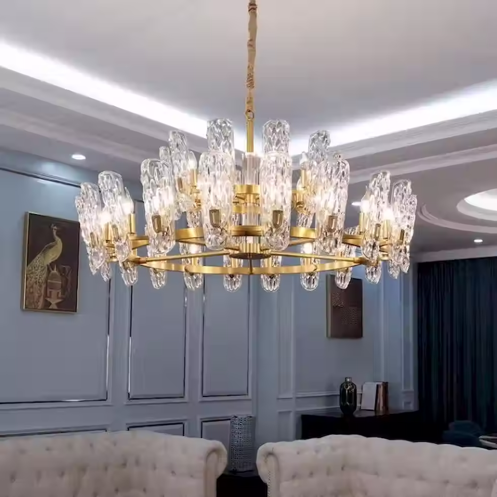 Thumbnail: Hammered Glass-Cylinder Brass-Ring Chandelier - Gold, Round & Linear