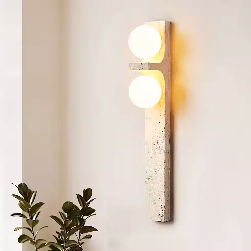 Miniatura: Travertine Wall Sconce – Tall Stone Post Twin Opal Glass Globes G9