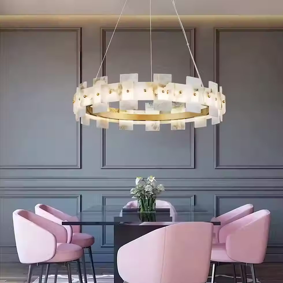 Thumbnail: Twin-Model Alabaster Drum Chandelier – E14 Brass Tall Cascade