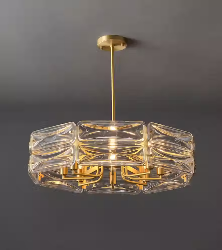 Miniatura: Puffed Textured Glass-Block Chandelier - Brass, Round & Linear