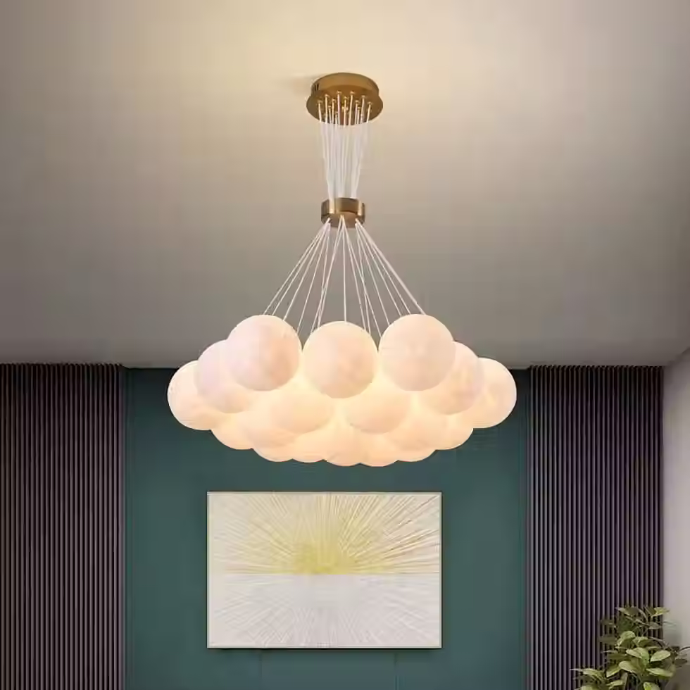 Alabaster Bubble Cluster Chandelier – 7 to 19 Globe Gold Long Drop