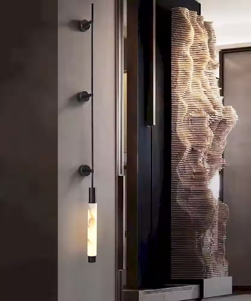 الصورة المصغرة: Scettro Alabaster Tube Wall Sconce – Integrated LED Tall Brass Rod