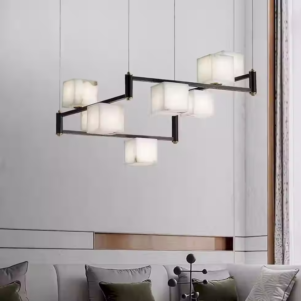 Alabaster Cube Chandelier – Black Bar Brass Linear Island Pendant