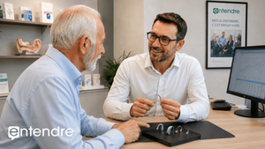Audioprothésiste d'un centre Entendre du Gard présentant une aide auditive contour d'oreille à un patient senior lors d'un bilan auditif