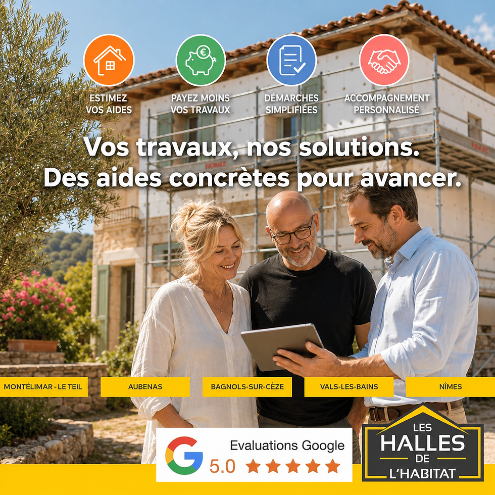 Conseiller des Halles de l'Habitat expliquant le calendrier des aides à la rénovation énergétique 2026 à un couple de propriétaires, agences d'Aubenas et de Montélimar