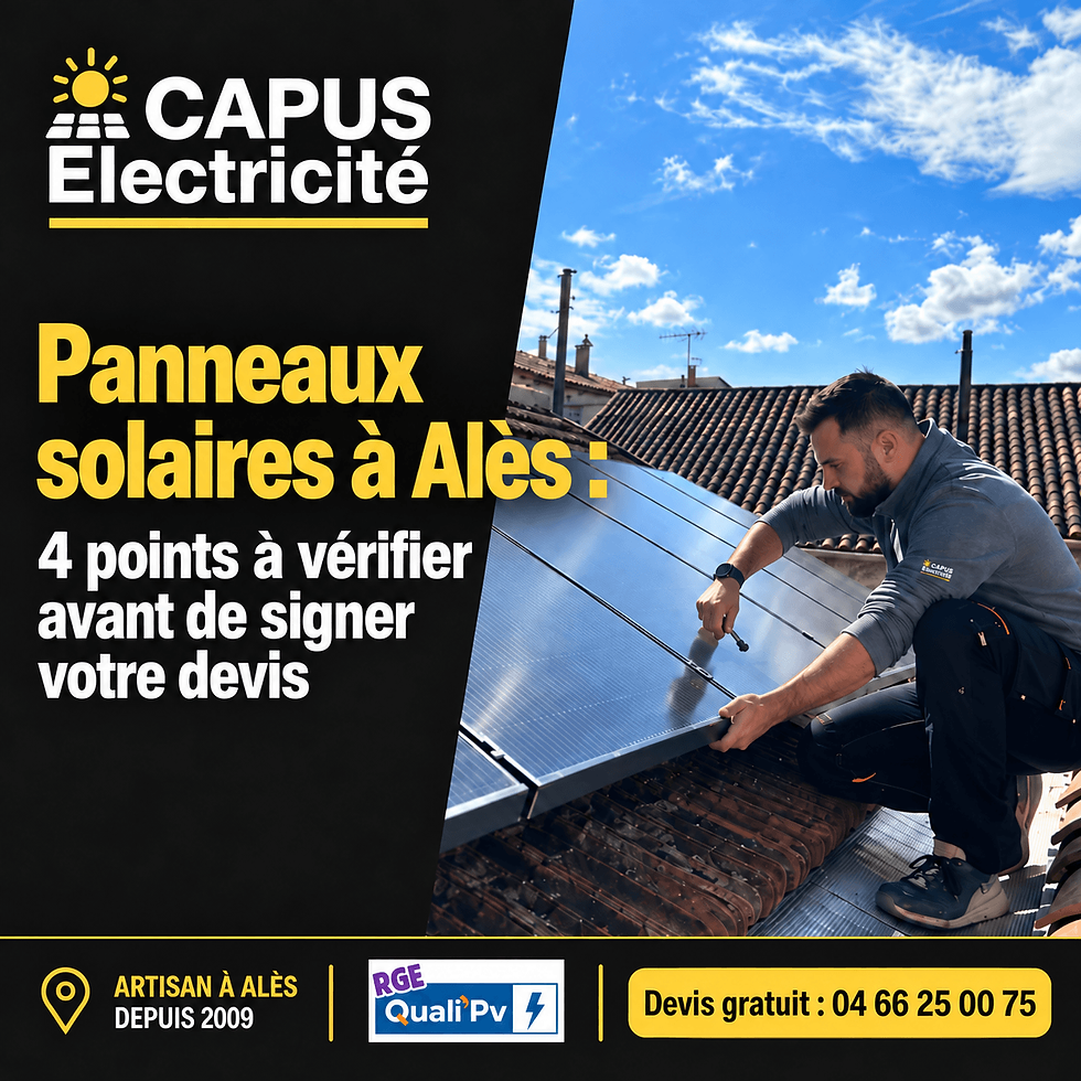 Artisan posant des panneaux solaires sur une toiture en tuiles à Alès, avec le titre 4 points à vérifier avant de signer votre devis, CAPUS Électricité RGE QualiPV