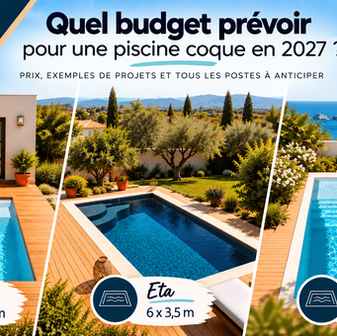 Budget d'une piscine coque en 2027 : trois modèles Okeanos Piscine, Kappa 4,3 x 2,3 m, Eta 6 x 3,5 m et Nisi 7 x 3 m, en jardin méditerranéen