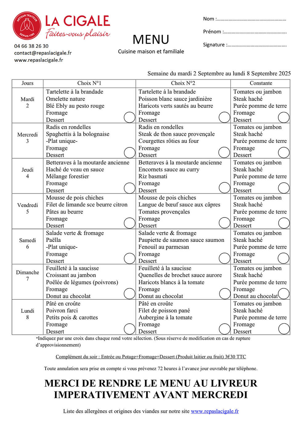 menu détaillé repas senior semaine du 2 septembre 2025 
