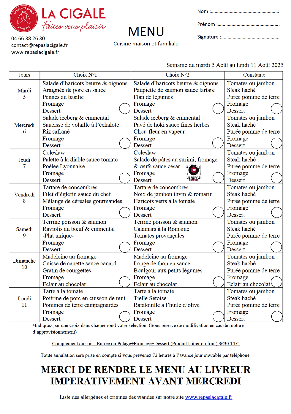 menu détaillé repas senior semaine du 5 aout 2025 