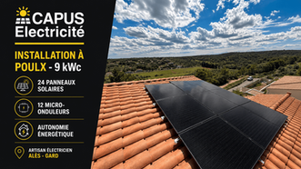 Installation solaire de 9 kWc avec 24 panneaux photovoltaïques sur une toiture à Poulx, près de Nîmes, réalisée par CAPUS Électricité.