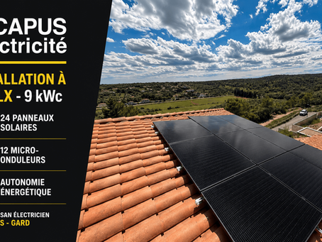 Installation solaire de 9 kWc avec 24 panneaux photovoltaïques sur une toiture à Poulx, près de Nîmes, réalisée par CAPUS Électricité.
