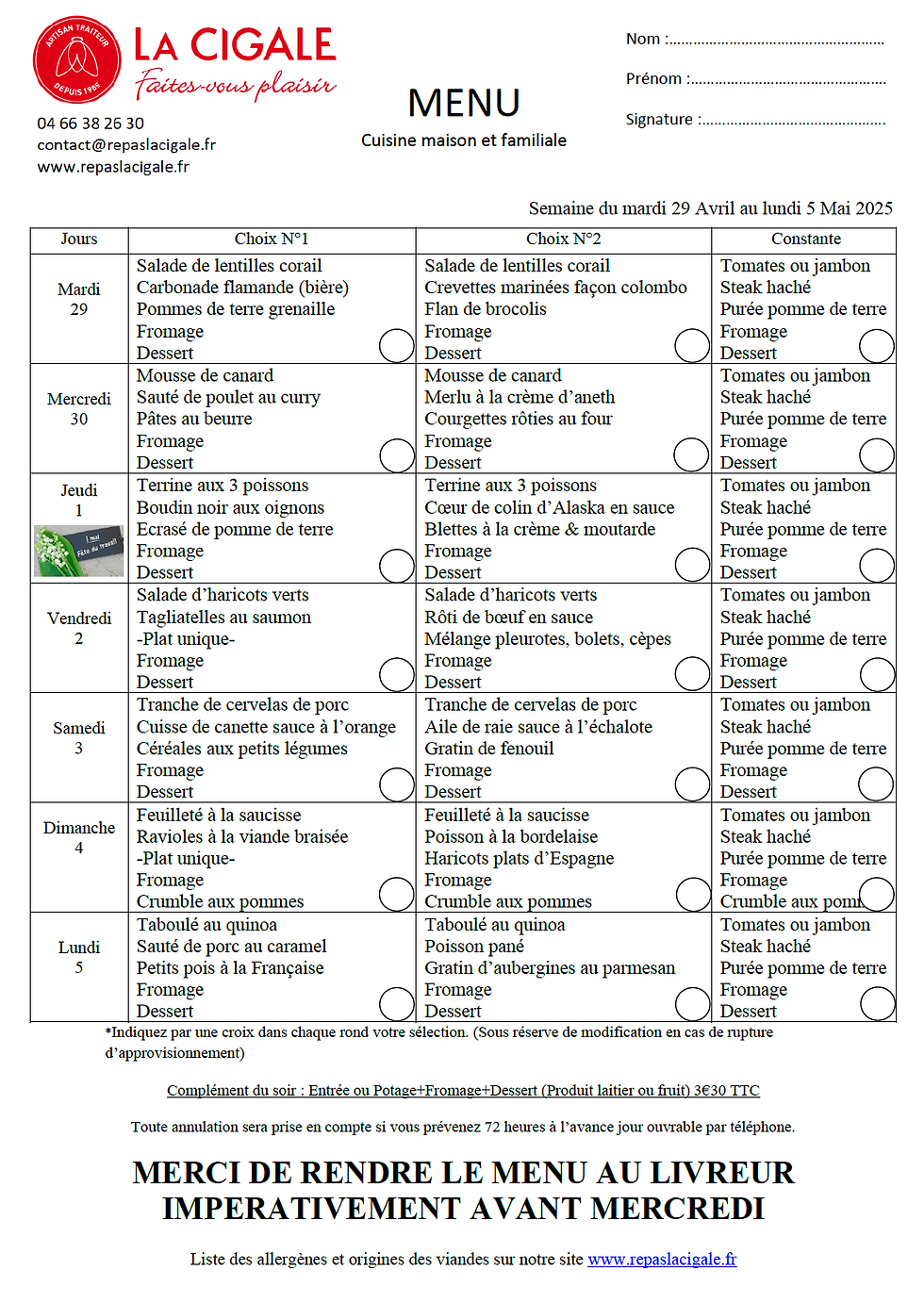 menu détaillé repas senior semaine du 22 avril 2025 
