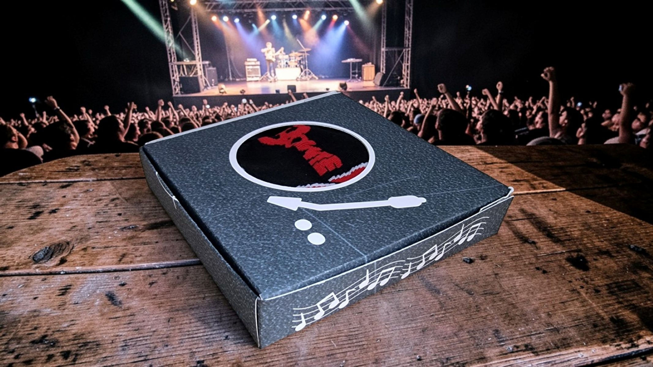 Handcrafted record player-style gift box containing officially licensed David Bowie socks with a vinyl-style gift tag