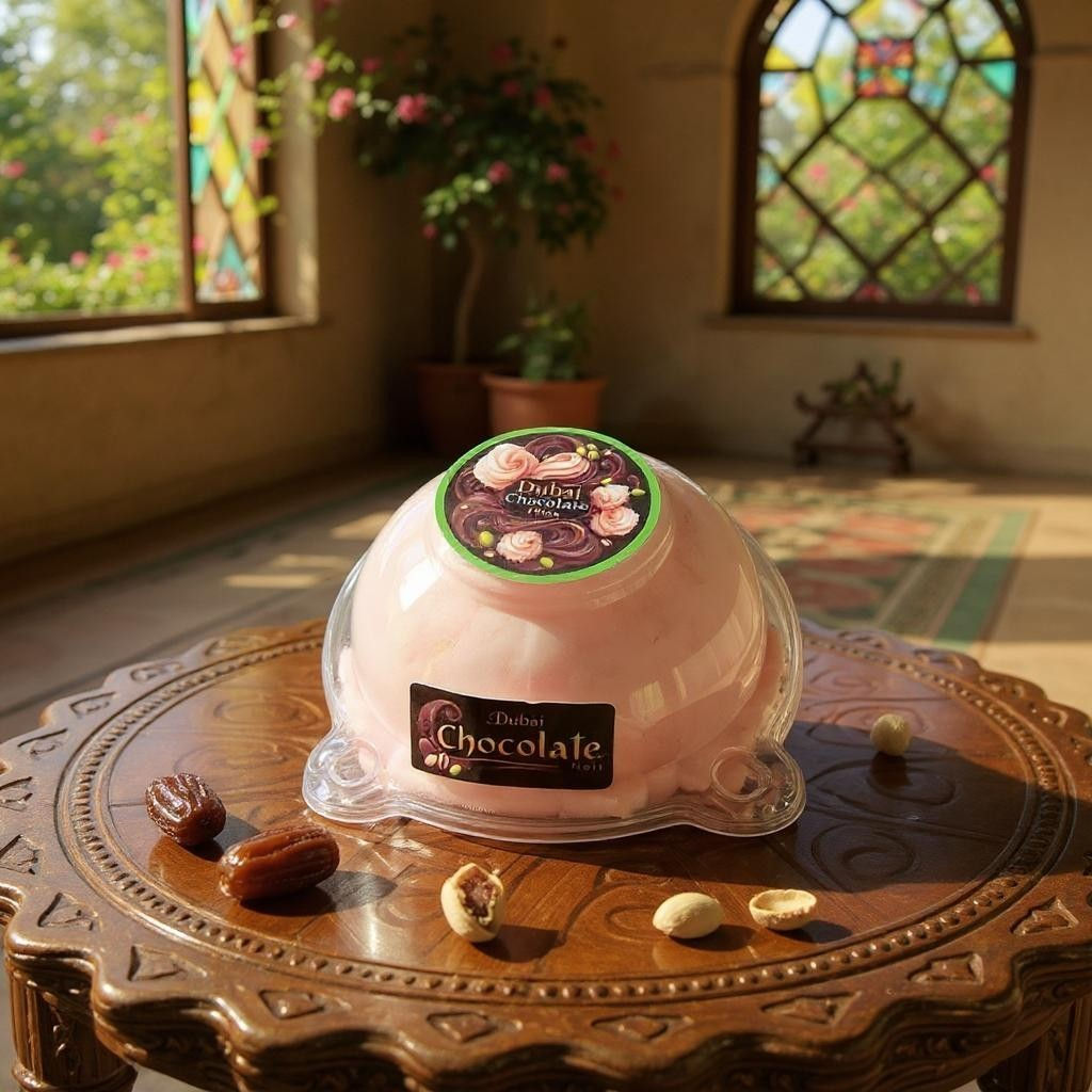 Dubai Chocolate Floss cake with a chocolate candyfloss outer layer and pistachio cream center