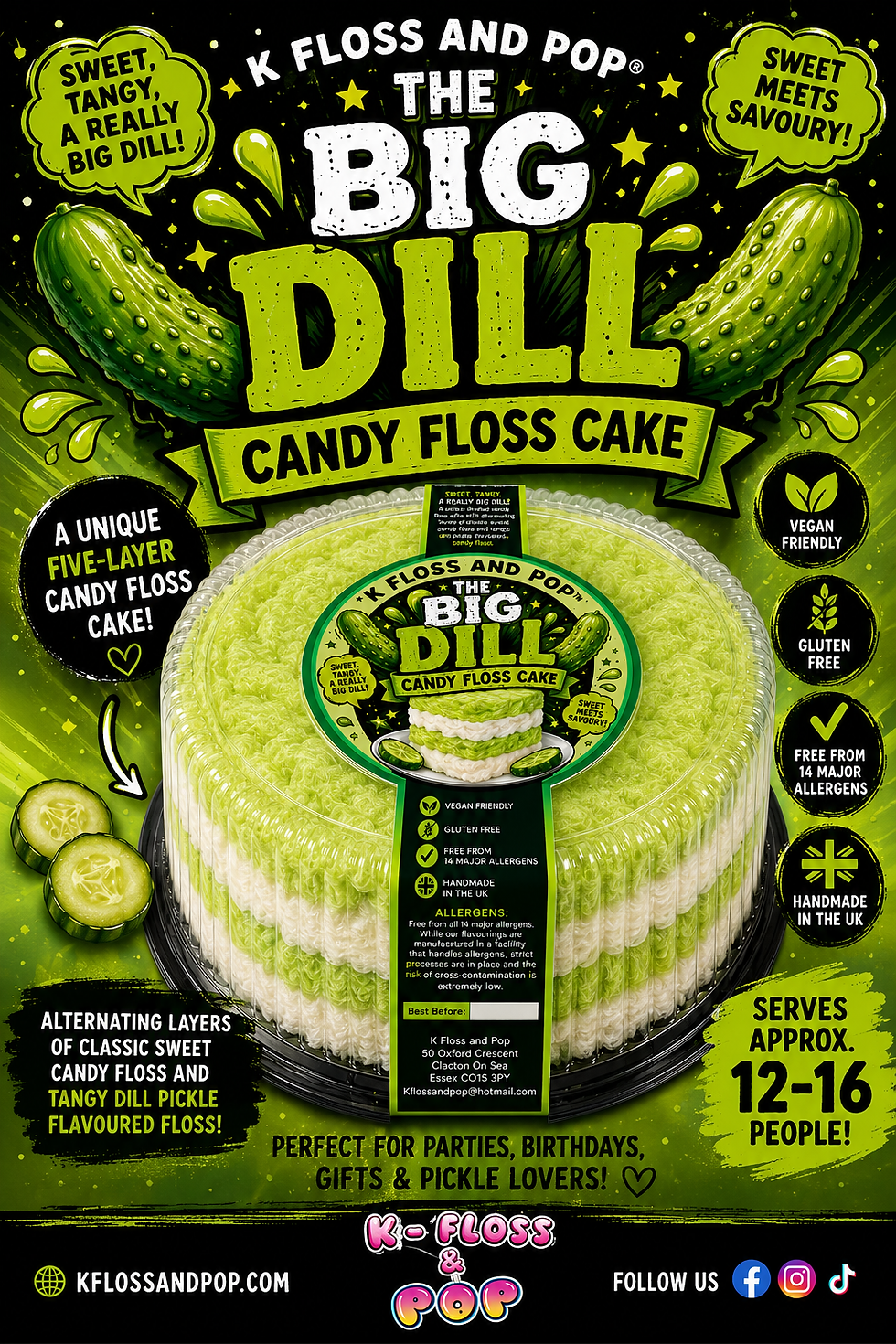 Thumbnail: The Big Dill Candy Floss Cake with 5 handmade layers of sweet and tangy dill pickle candy floss. Vegan, gluten free and the p