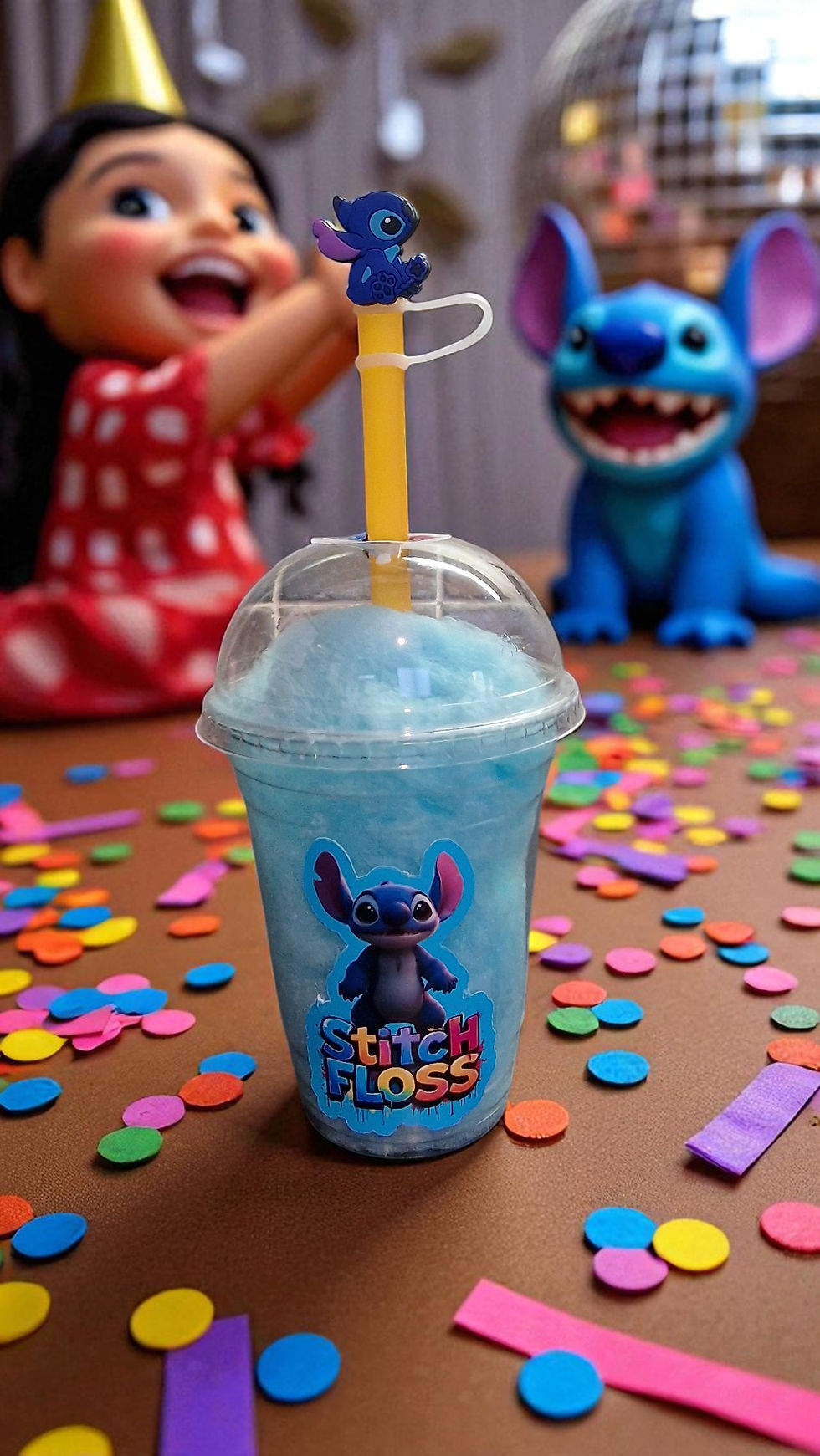 Thumbnail: Six clear cups filled with blue raspberry Stitch Floss candy floss, each cup topped with a colourful dome lid, blue straw, an