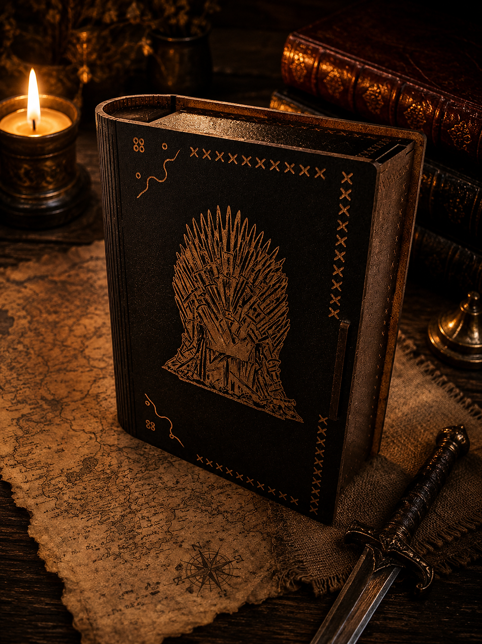 Thumbnail: Personalised Iron Throne inspired wooden keepsake box with custom name or message. Handmade from laser engraved 3mm black MDF