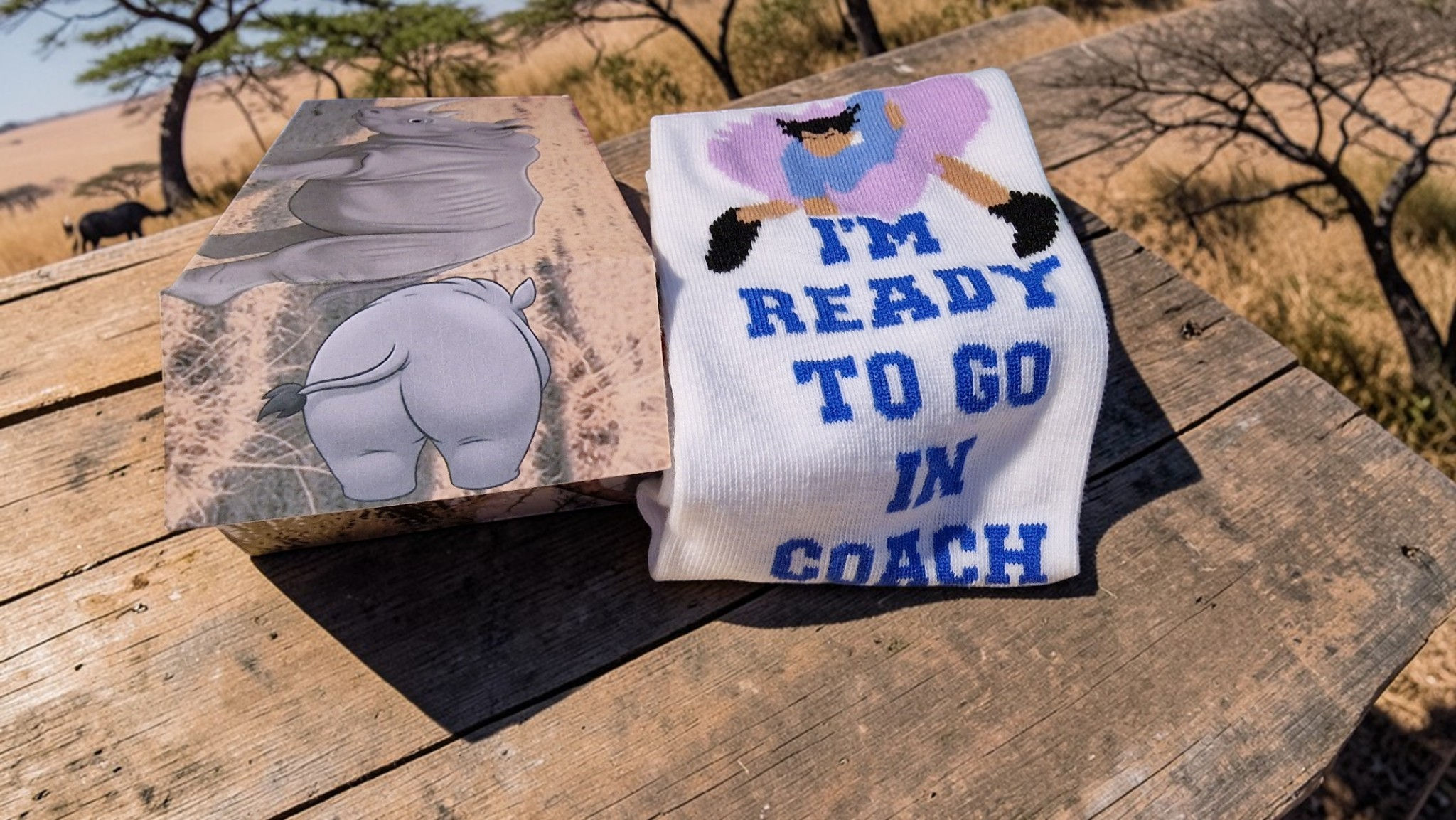 Pet Detective inspired “I’m Ready To Go In Coach” socks gift set in a handcrafted rhino gift box. Funny novelty gift. Adult U