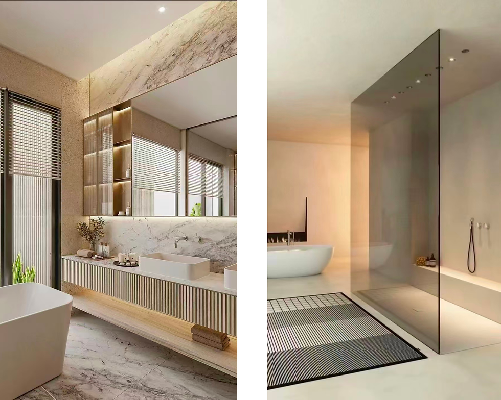 A two-panel collage of luxury bathroom designs. Left panel shows a floating vanity with fluted wood cabinetry and a marble countertop, featuring a rectangular vessel sink, wall-mounted faucet, a large mirror above, and an open wooden shelf below holding rolled towels, all next to a window with blinds. Right panel shows a spacious walk-in shower enclosed by a clear glass panel, featuring a large dark slatted floor mat, a wall-mounted hand shower, a long built-in bench with under-lighting, and a freestanding white tub visible in the background.