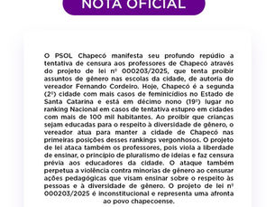 Nota do PSOL Chapecó sobre proposta de censura no exercício do magistério na cidade.