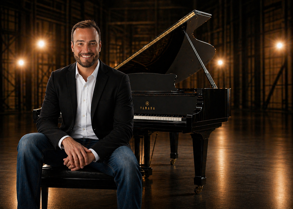 Man in dark blazer and jeans seated in front of a grand piano on a dimly lit stage, warm spotlights in background, landscape orientation