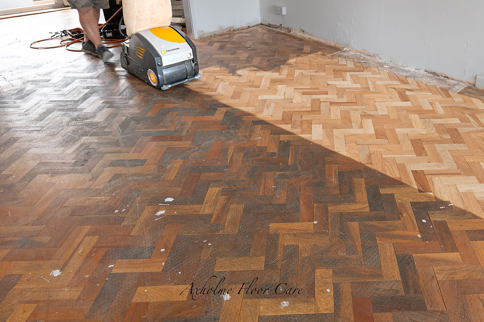 Iroko parquet floor sanding in progress in Scunthorpe showing raw wood during restoration