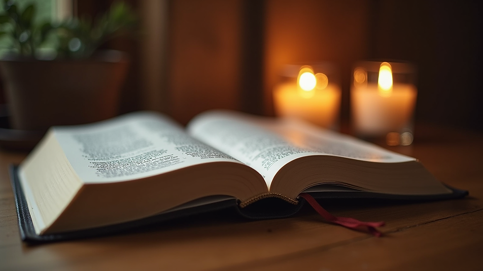 Eye-level view of a Bible open on a wooden table with a candle nearby