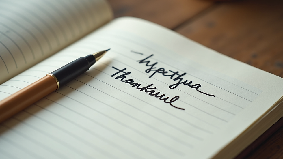Close-up view of a journal with handwritten gratitude notes and a pen