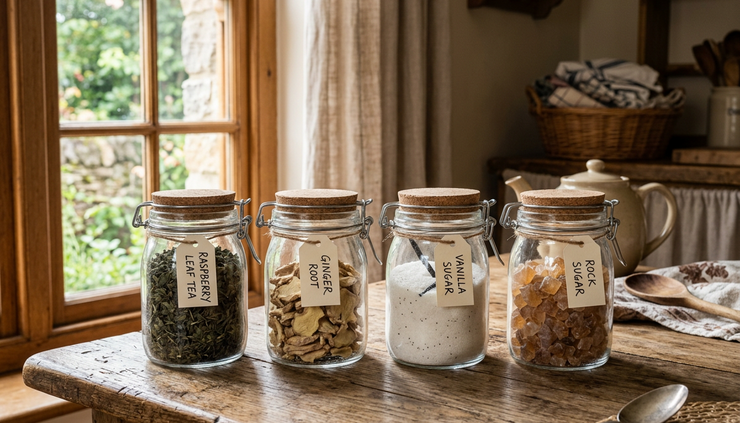 Eye-level view of glass jars filled with loose tea leaves and sugar on a wooden farmhouse table.