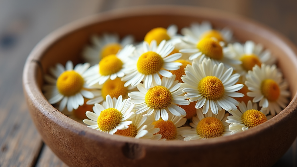 Close-up view of dried chamomile flowers in a wooden bowl
