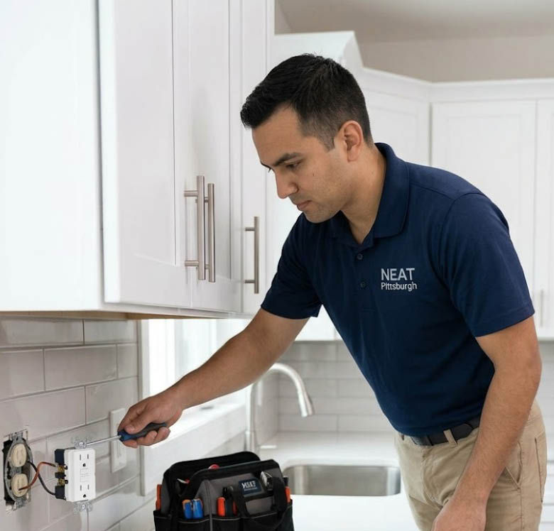 NEAT Pittsburgh handyman replacing an electrical outlet during apartment turnover