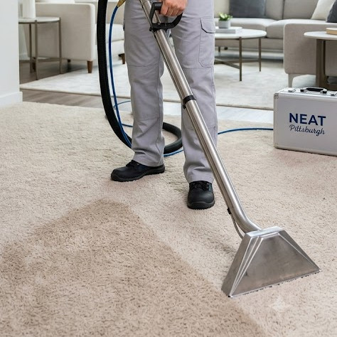 NEAT staff member cleaning AirBnB rug in Lawrenceville