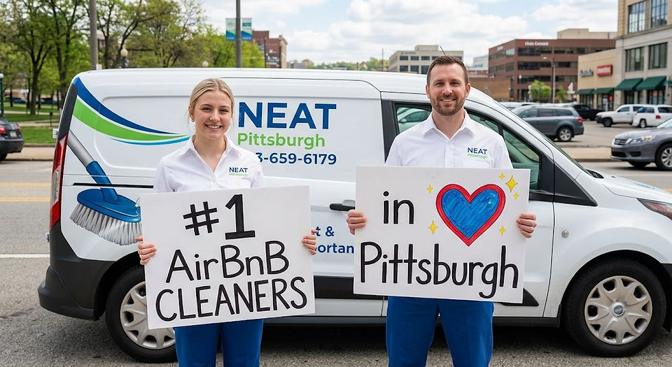 NEAT Pittsburgh turnover cleaning team standing in front of company service van holding signs