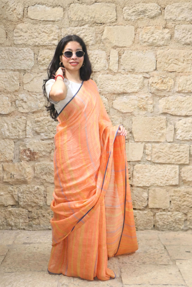 Peach orange linen saree 
