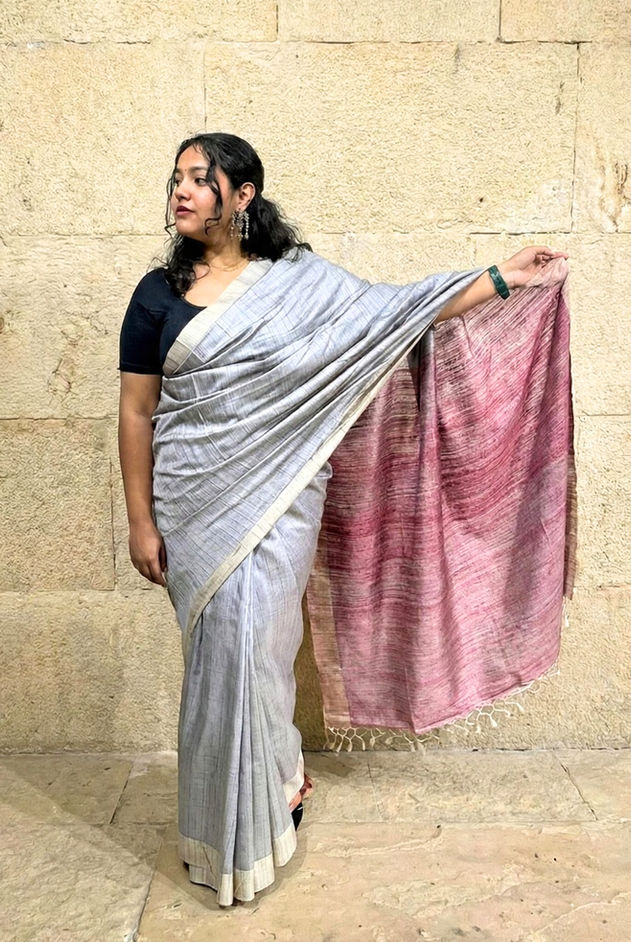 Silver grey with blush pink pallu tasar silk saree. Best tussar silk saree in India. Shop Now