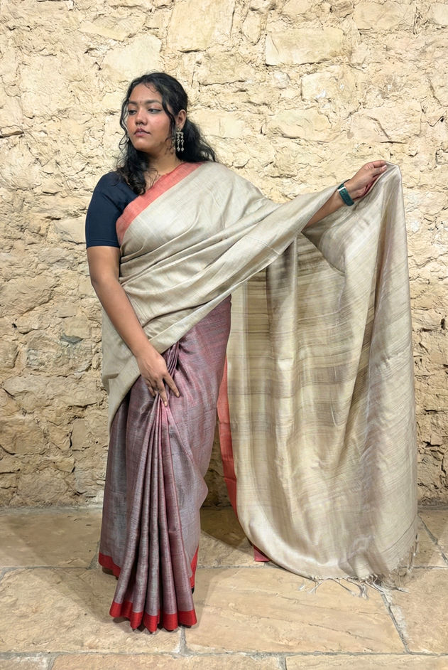 Warm Ivory wit coral border tussar silk saree
