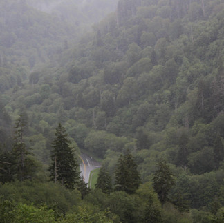a road cutting through mountains and forests