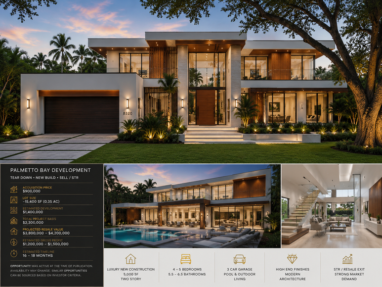 Modern luxury new construction development opportunity in Palmetto Bay Florida with projected high ROI and STR potential.