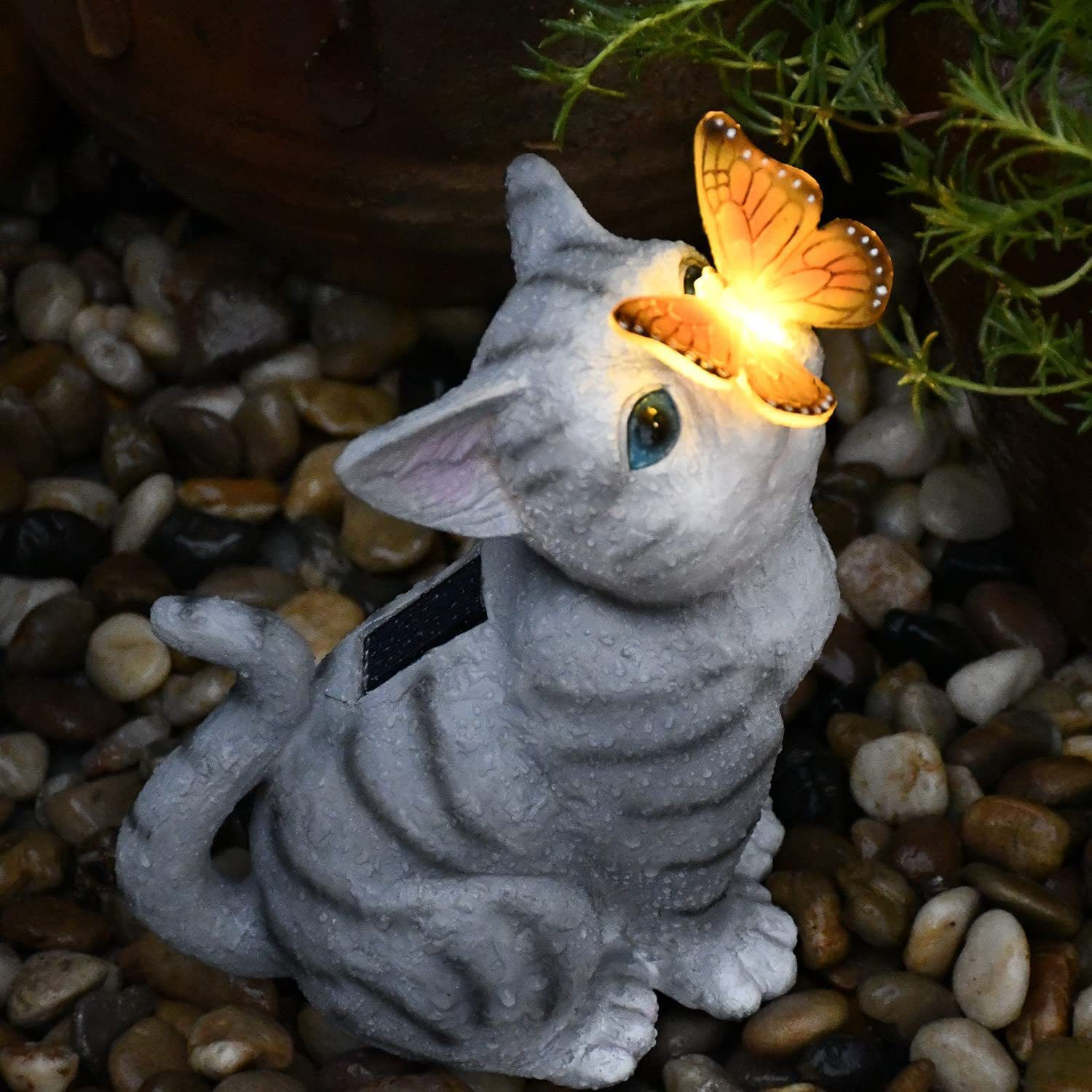 Outdoor Solar Cat Butterfly Statue for Garden Decor