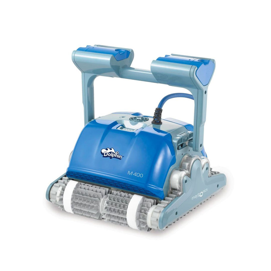 Dolphin M400 WB Robotic Pool Cleaner for vinyl and fibreglass pools, front view on a white background.