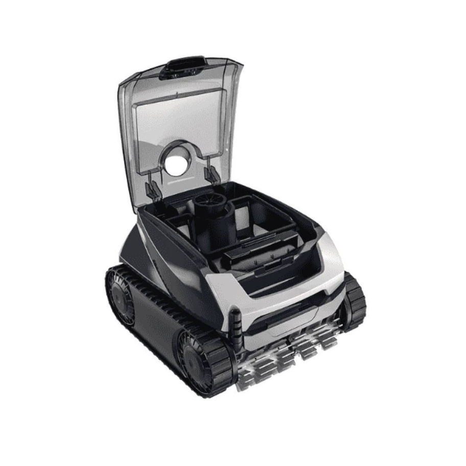 Zodiac DX4050 iQ DUO-X Robotic Pool Cleaner with caddy and dual-stage filtration for pools, photographed on white background.