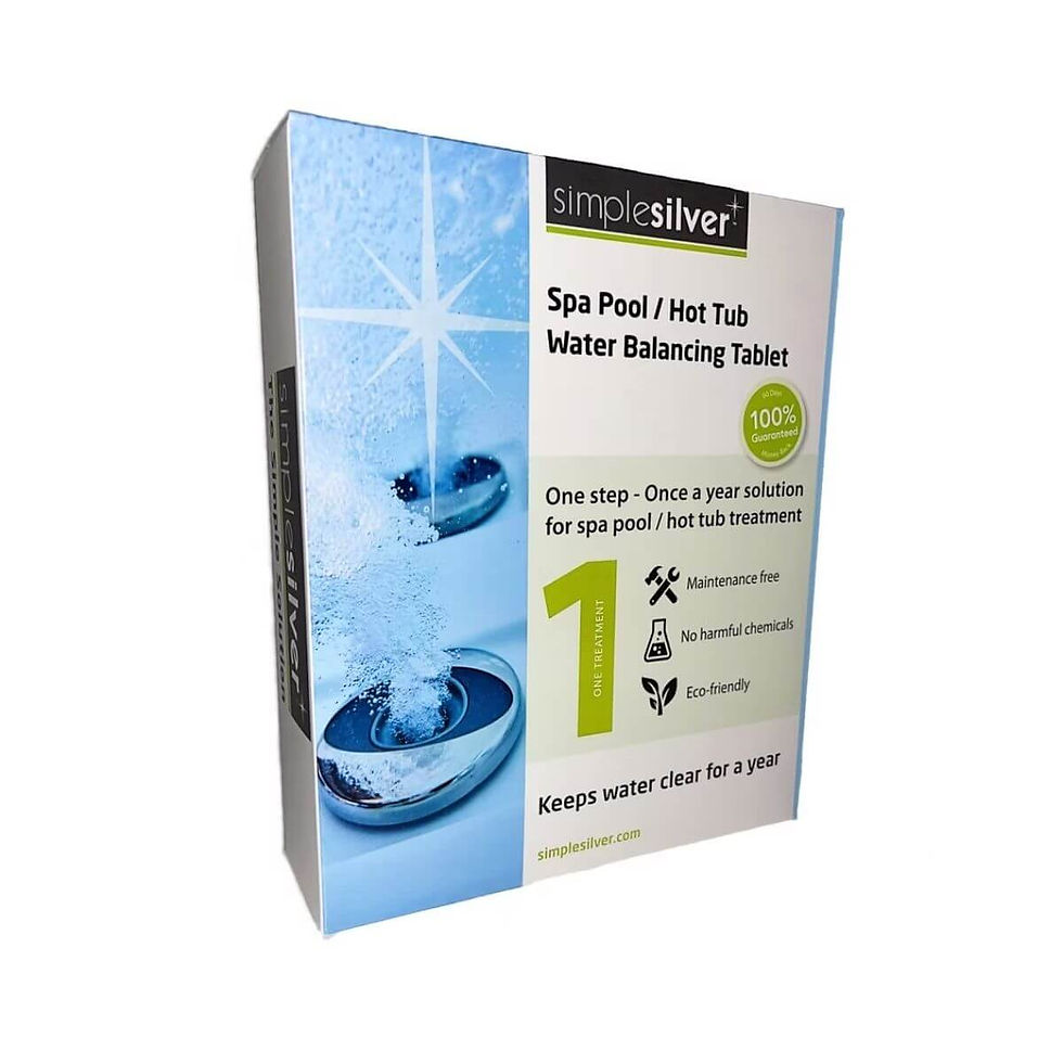 SimpleSilver Spa Pool and Hot Tub Water Balancing Tablet packaging on a white background.