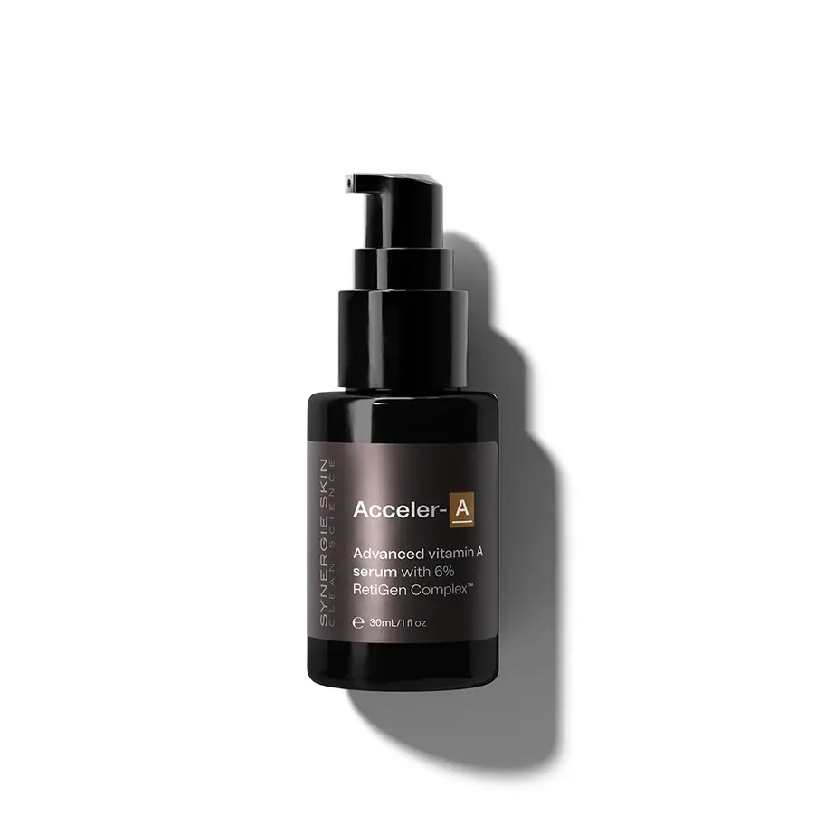 Synergie Skin Accel-A advanced vitamin A serum in black bottle with pump, sold at Clinic4O2 NZ