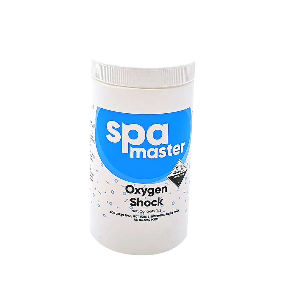 Spa Master Oxygen Shock 1kg container for chlorine-free spa and pool shock treatment, shown on a white background.